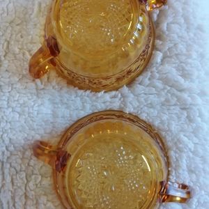 Vintage Indiana Glass Soup Bowls Amber Daisy Gold x 2